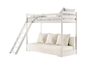 SOFINO 90x200/140x200 cotton loft bed with pull-out sofa, light gray zoom dove 19 fabric | Lano Furniture