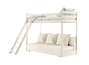 SOFINO 90x200/140x200 Cotton White Loft Bed with Fold-out Sofa, Beige Poso 38 Fabric, Lano Meble