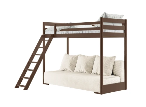 SOFINO 90x200/140x200 dark chocolate mezzanine bed with fold-out sofa, beige fabric, 38 Lano Furniture