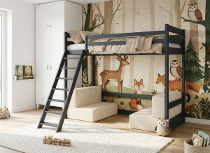 SOFENA 90x200 graphite mezzanine bed with modular sofa, beige fabric, poso 38 Lano Furniture