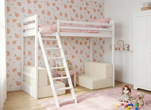 SOFENA 90x200 white loft bed with modular sofa, beige fabric, 38 Lano Furniture