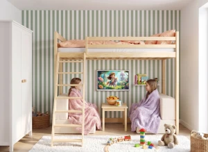 SOFENA 90x200 unvarnished wood mezzanine bed with modular sofa beige fabric poso 38 Lano Furniture