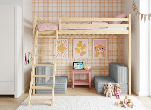 SOFENA 90x200 pine loft bed with modular sofa, gray fabric, zoom 15 sage Lano Furniture