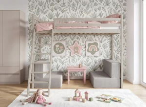 SOFENA 90x200 cashmere loft bed with modular sofa, grey fabric, zoom 15 sage, Lano Furniture