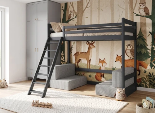 SOFENA 90x200 graphite mezzanine bed with modular sofa, gray fabric, zoom 15 sage Lano Furniture