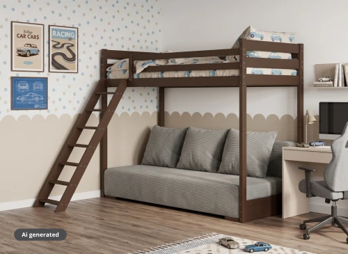 SOFINO 90x200/140x200 dark chocolate mezzanine bed with sofa bed, gray fabric, zoom 15 sage Lano Furniture