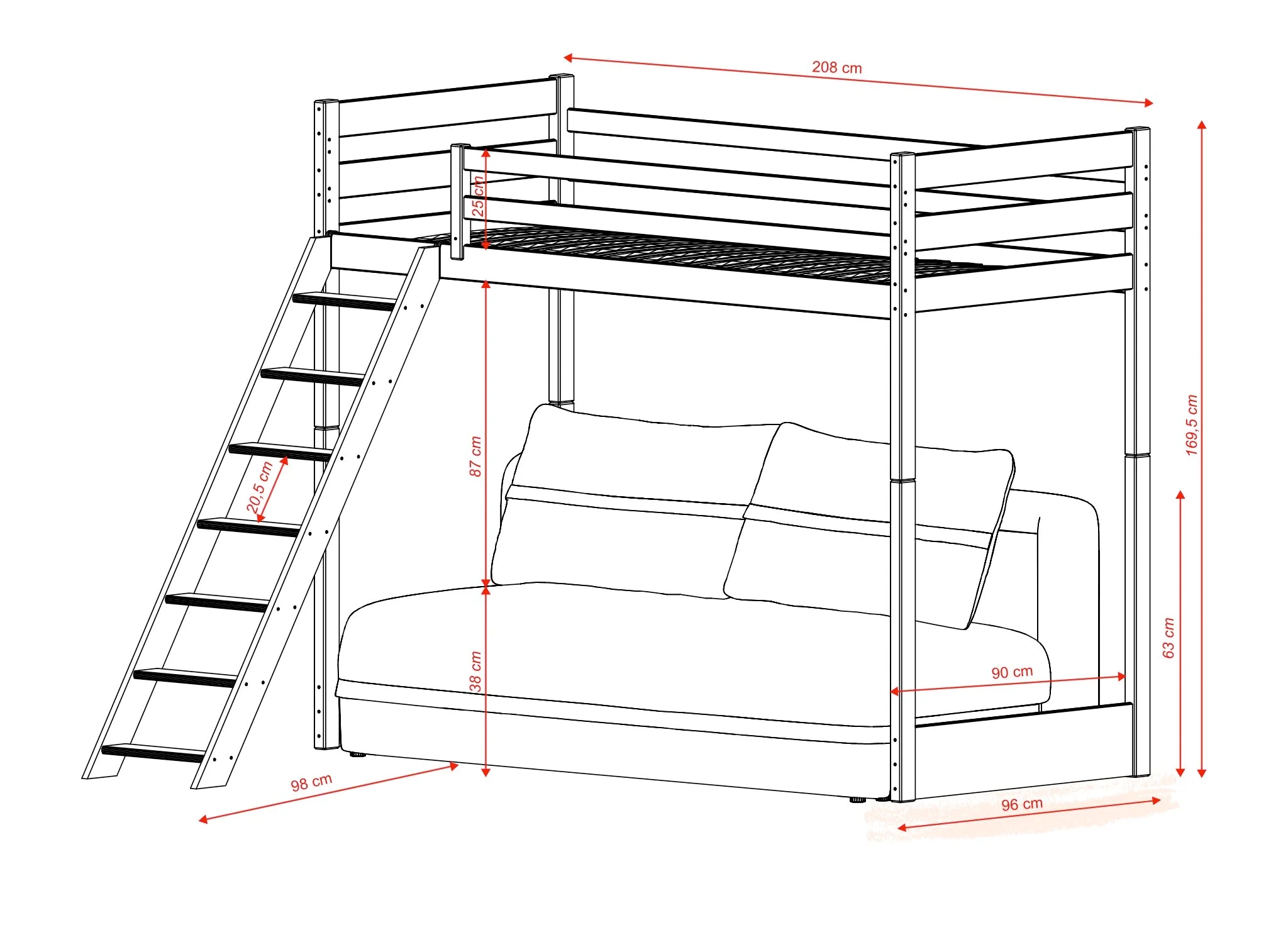 Technical drawing of SAVIO cinnamon 90x200/140x200 mezzanine bed with fold-out sofa - Lano Furniture