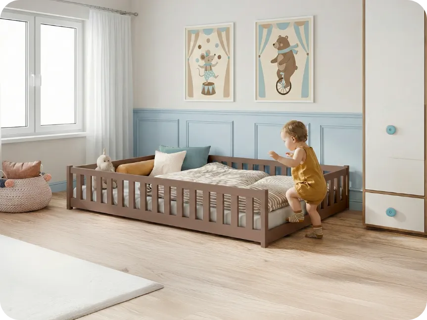 Milk-chocolate floor bed in a children's room, with a 3-year-old boy climbing onto it