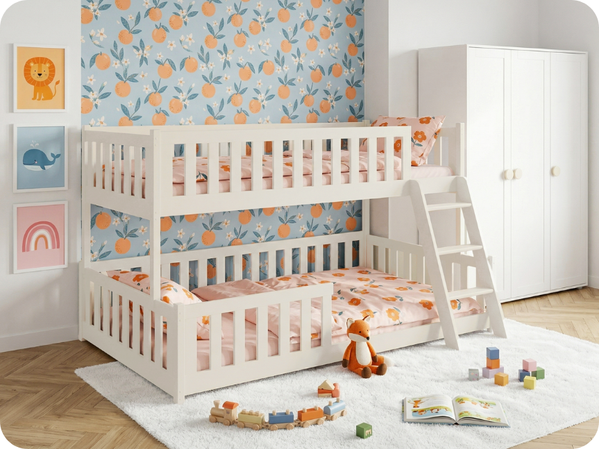 Cotton children's bunk bed in an arrangement with an orange motif