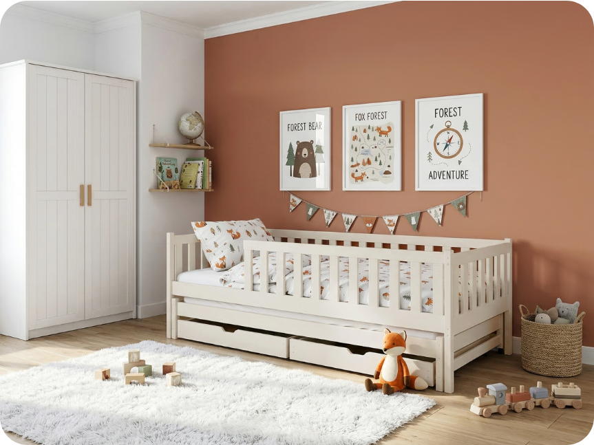 Low double children's bed in cotton color, in a children's room dominated by a muted orange shade