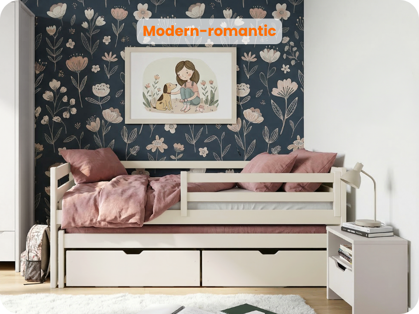 Cotton low double bed in a girl’s room, “Modern romantic”