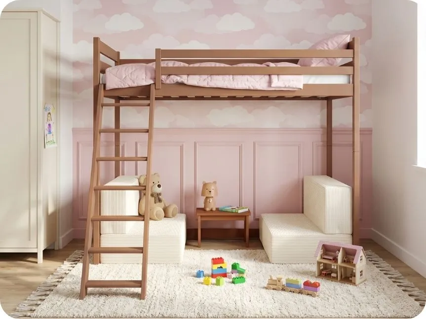 SOFENA loft bed in cinnamon color in a girl’s room with light pink cloud-patterned wallpaper, with two modular furniture foam pieces under the loft bed arranged as two sofas.