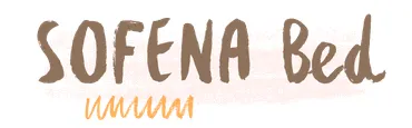 Chalk style text "SOFENA Bed" on a light pink background.