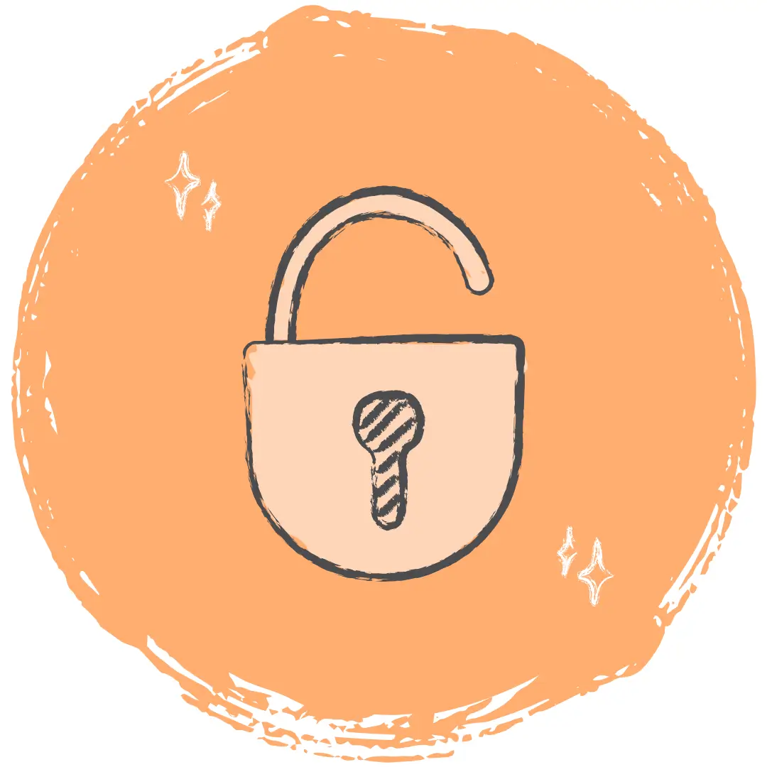 Gray chalk drawing of an open padlock on an orange, round background